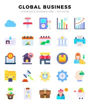 Global Business elements. Flat web icon set. Simple vector illustration. Illustrazione stock