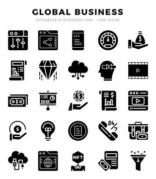 Global Business elements. Glyph web icon set. Simple vector illustration. Stock Illustration