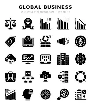Global Business elements. Glyph web icon set. Simple vector illustration. Stock Illustration