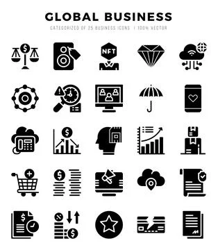 Global Business elements. Glyph web icon set. Simple vector illustration. 스톡 일러스트