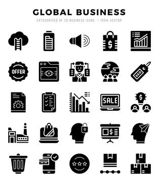 Global Business elements. Glyph web icon set. Simple vector illustration. Stock Illustration