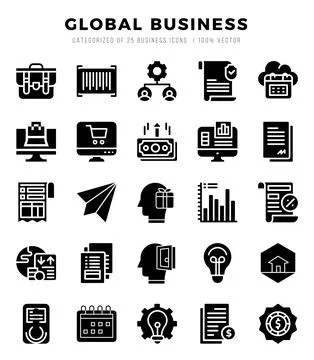 Global Business. Glyph icons Pack. vector illustration. Illustrazione stock