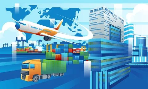 Global business logistics import export of containers cargo ship truck plane Stock Illustration