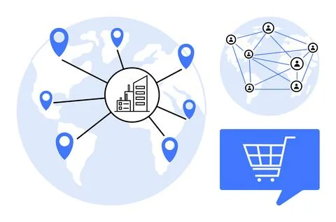 Global business network with interconnected locations and e-commerce commun.. Stock Illustration