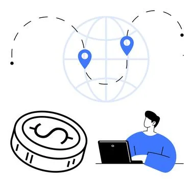 Global Business Strategy with Remote Work, Finance, and Location Stress Point Stock Illustration