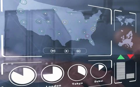 Global Business Technology Interface Displaying Time Zones and Market Trends Stock Photos