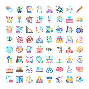 Global challenges and solutions flat line icons Stock Illustration