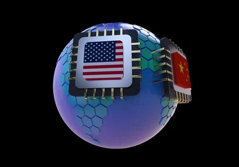 Global chip cooperation and competition between the United States and China Stock Illustration