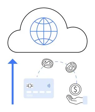 Global Cloud-Based Financial Transactions Represented by Credit Card and Illustrazione stock