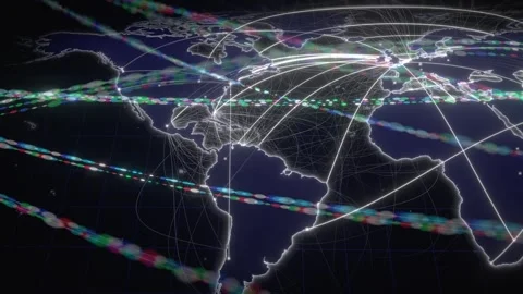 Global Cloud Network Glowing Across The Americas On A Night World Map Stock Footage 343248071