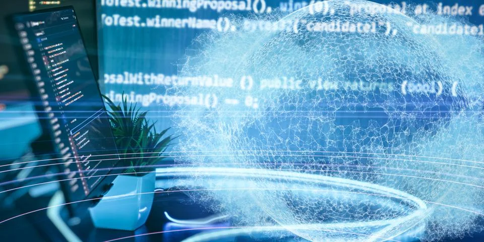 Global coding and data network in futuristic workspace Foto stock