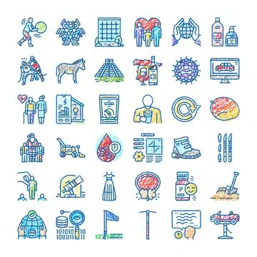 Global collection of hand drawn doodle icons Ilustración de archivo