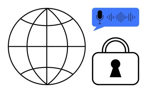 Global Communication and Security Concept with Globe, Speech Bubble, and Lock Stock Illustration