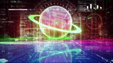 The global communication background, sci fi retro planet rotating with code Stock Illustration