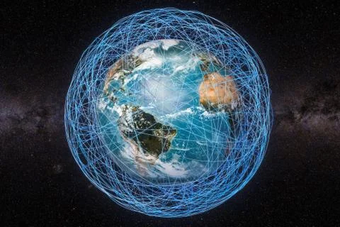 Global communication concept, Earth Globe and glowing lines around, 3D render Illustrazione stock