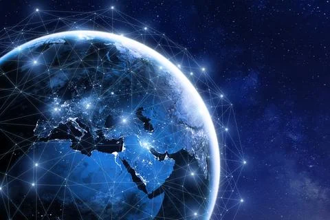 Global communication network around planet Earth in space, worldwide exchange Illustration