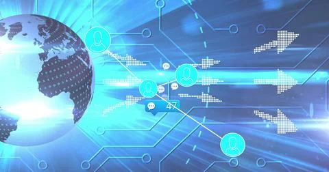 Global communication network image over digital world map and user icons Illustrazione stock