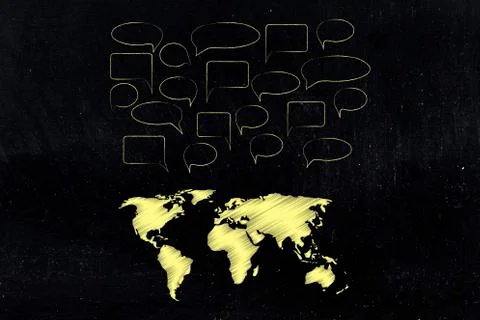 Global communication world map with speech bubbles above it Ilustração Stock