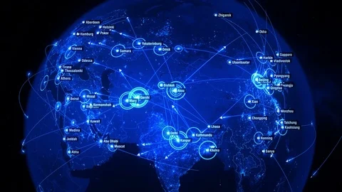 Global Communications all over the World. Arrows fly among Cities. Blue. Stock Footage 82206866