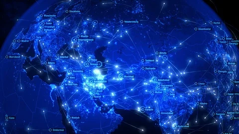 Global Communications over Asia and Europe. Arrows Fly Slowly Among Cities. Stock Footage 103154779
