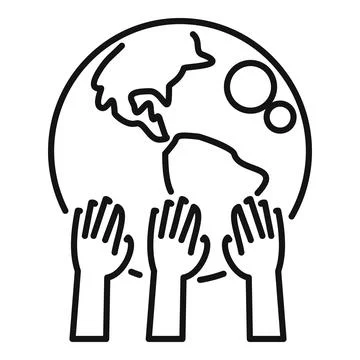 Global community hands supporting planet earth line art Stock Illustration