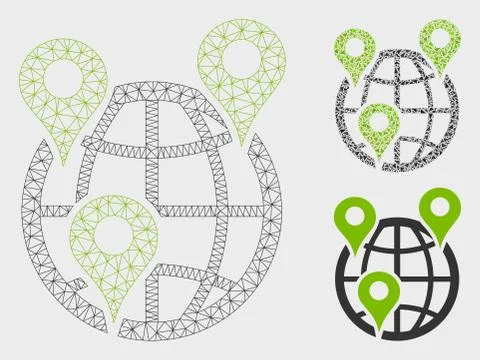 Global Company Branches Vector Mesh Wire Frame Model and Triangle Mosaic Icon 스톡 일러스트
