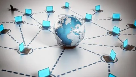 Global computer network connecting a globe and laptop computers. 3D illustr.. Stock Illustration