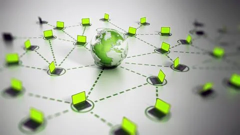Global computer network connecting a globe and laptop computers. 3D illustrat Stock Illustration