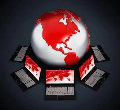Global computer network Global computer network with laptop computers on b... Foto stock