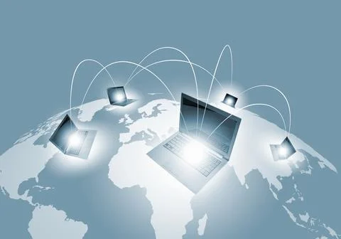 Global Computer Network with Laptops on World Map Stock Illustration