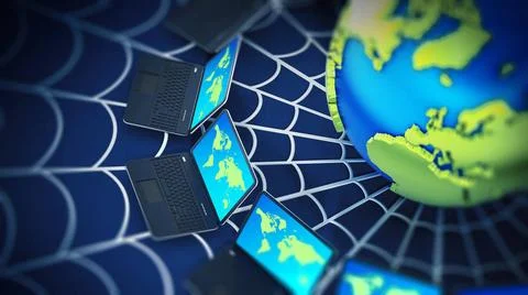  Global computer network with a spider web. 3D illustration Global compute... Stock Photos