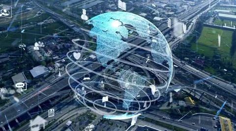 Global connection and internet network modernization in smart ci Illustrazione stock