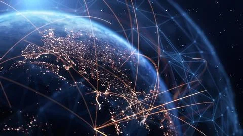 Global Connection Lines. Earth Network Data Transfer. Futuristic AI Technology Illustrazione stock