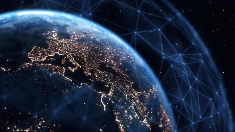 Global Connection Lines. Earth Network Data Transfer. Futuristic AI Technology Stock Illustration