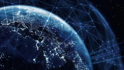 Global Connection Lines. Earth Network Data Transfer. Futuristic AI Technology Illustrazione stock