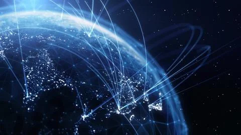 Global Connection Lines. Earth Network Data Transfer. Futuristic AI Technology Stock Illustration