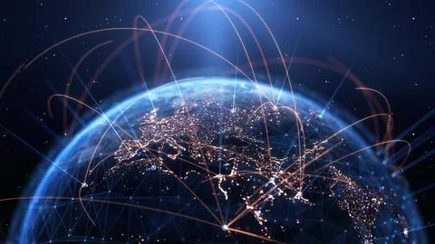 Global Connection Lines. Earth Network Data Transfer. Futuristic AI Technology Stock Illustration