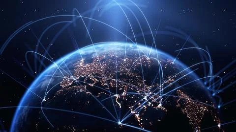 Global Connection Lines. Earth Network Data Transfer. Futuristic AI Technology Stock Illustration
