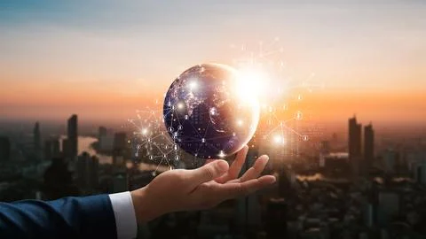 Global connection network structure, Businessman holding global social netw.. Foto stock