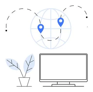 Global Connectivity and Remote Work Concept with Computer Monitor and Plant Stock Illustration