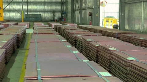 Global Copper Supply Chain, Refined Copper Cathodes Stacked In Industrial Stock Footage 336033977