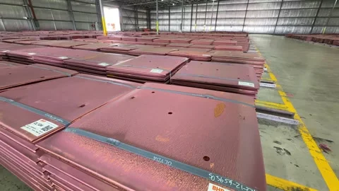 Global Copper Supply Chain, Refined Copper Cathodes Stacked In Industrial Stock Footage 336034233