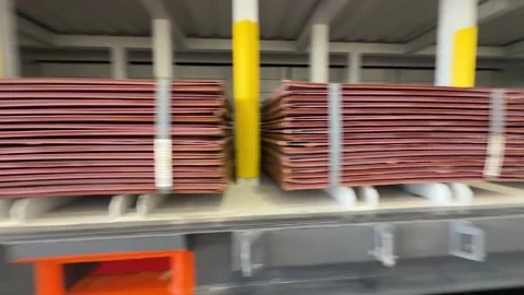 Global Copper Supply Chain, Refined Copper Cathodes Stacked For Export At Bhp Stock Footage 336034297