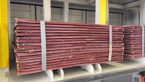 Global Copper Supply Chain, Refined Copper Cathodes Stacked For Export At Bhp Stock Footage 336038450
