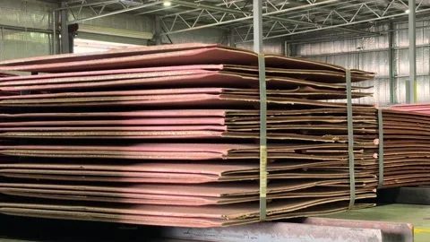 Global Copper Supply Chain: Stacked Refined Copper Cathodes At Bhp Olympic Dam Stock Footage 336038599