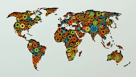Global crisis. World map with spinning gears breaks apart. Political disaster Stock Footage 100611531