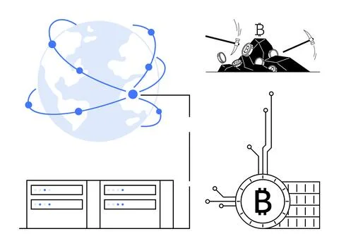 Global Cryptocurrency Network and Bitcoin Mining Process Depiction Illustrazione stock