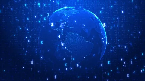 Global currency data network visual earth, floating money icons, binary code, di Stock Footage 340564304