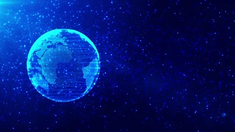 Global cyan earth data visual bright dotted globe, floating particle space, and Stock Footage 340525693