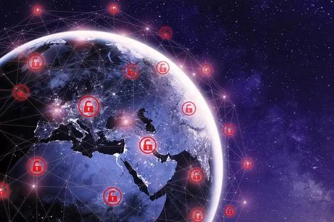 Global cyber attack around the world with planet Earth viewed from space an.. Illustration